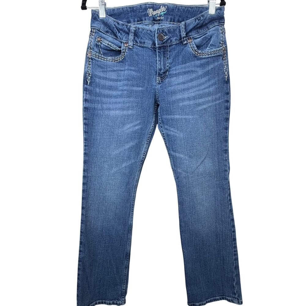 Wrangler Sadie Solid Dark Blue Denim Retro Embroidered Mid Rise Bootcut Jeans